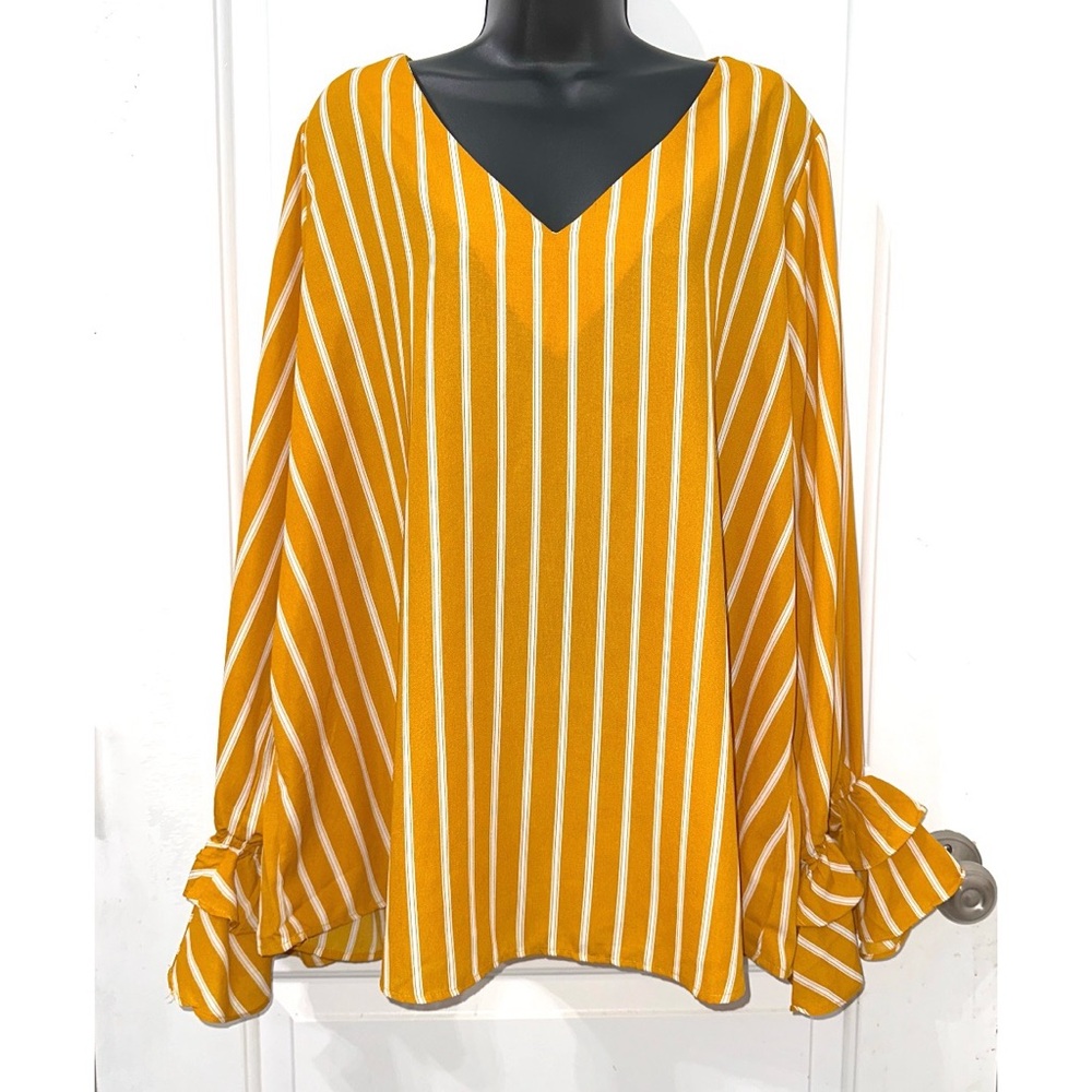 Savana Jane Striped V-Neck Ruffle Cuff Blouse - Mustard
